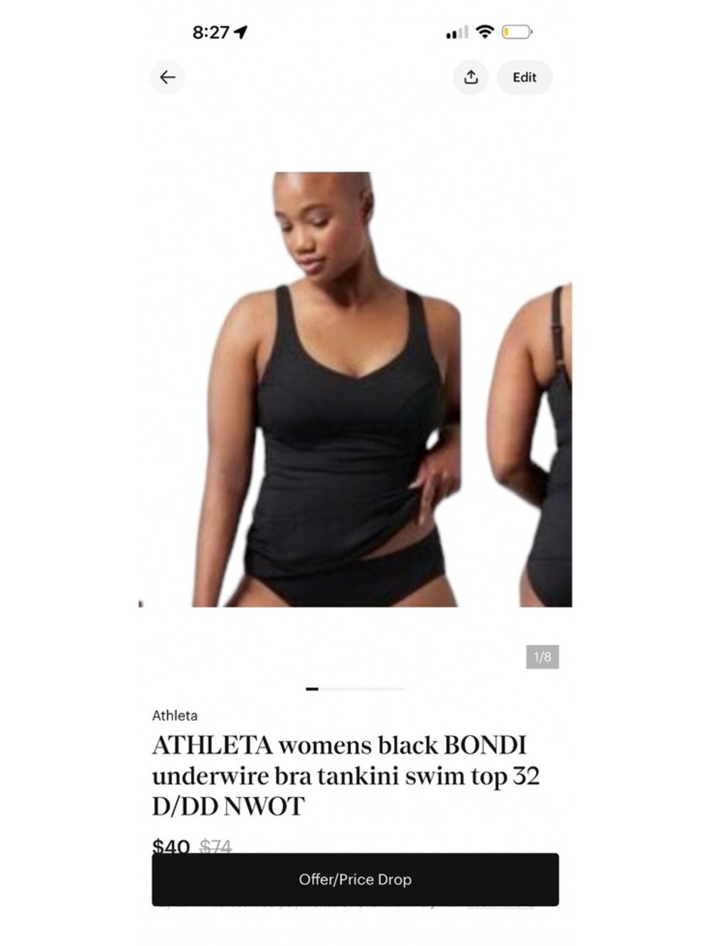 ATHLETA womens black BONDI underwire bra hook back tankini swim top 32 D/DD New